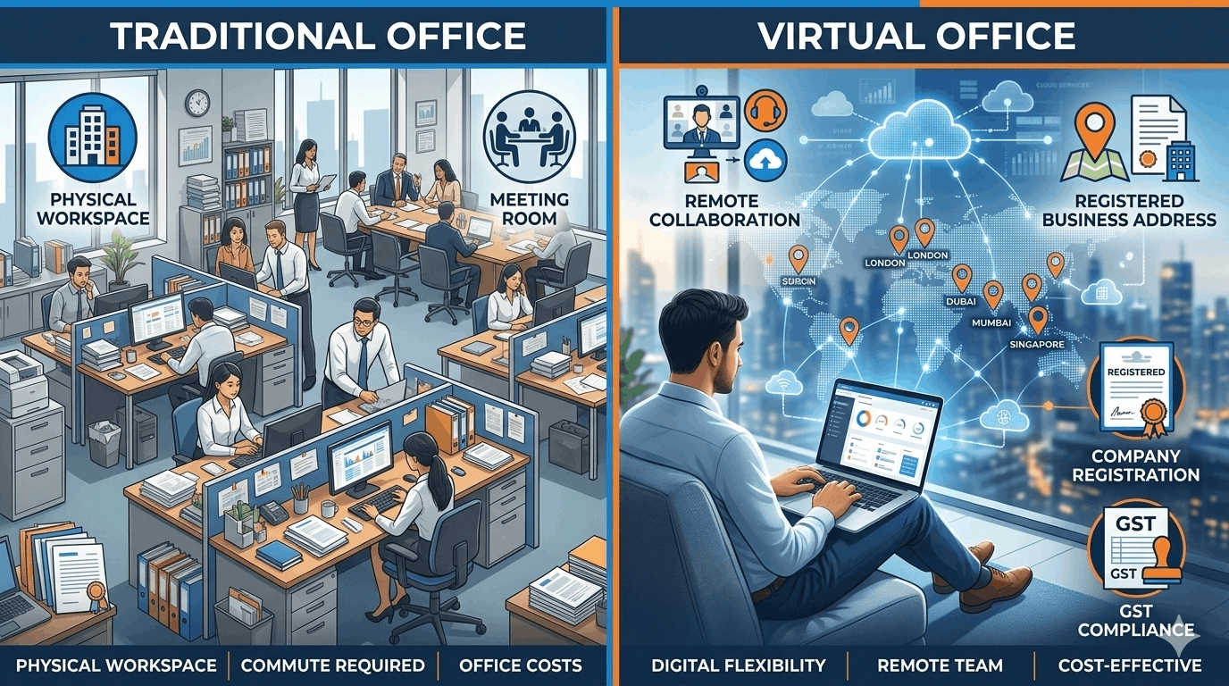 Comparison illustration showing traditional office workspace with employees and meeting rooms versus a virtual office with remote work, registered business address, and cloud-based collaboration.