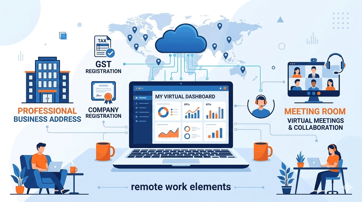 Illustration of a virtual office concept showing professional business address, GST registration, company registration, remote work, and virtual meeting room connected through a cloud network.