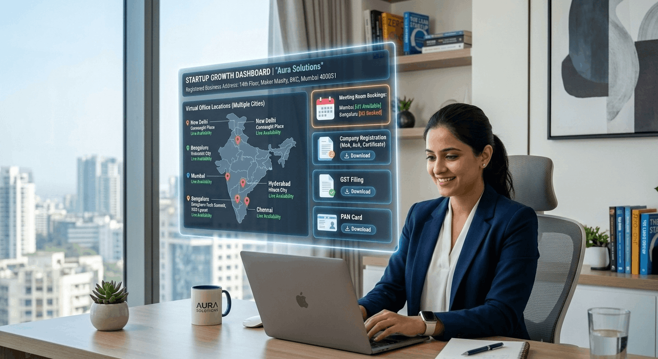 Entrepreneur working on a laptop with a virtual office dashboard showing multi-city business addresses, company registration, GST filing, and meeting room booking.