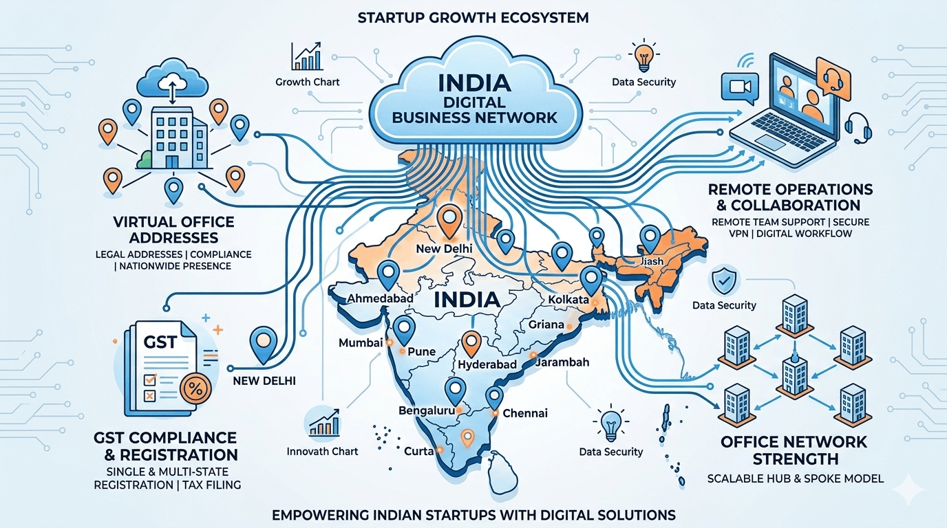 Infographic of India digital business network showing virtual office addresses, GST registration, remote operations, and multi-city business expansion across India.