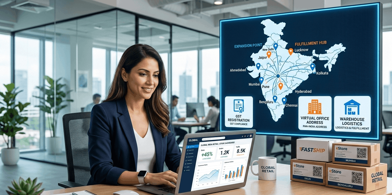 E-commerce seller using a laptop in a modern office with a digital India map showing multi-state expansion, GST registration, virtual office address, and warehouse logistics.