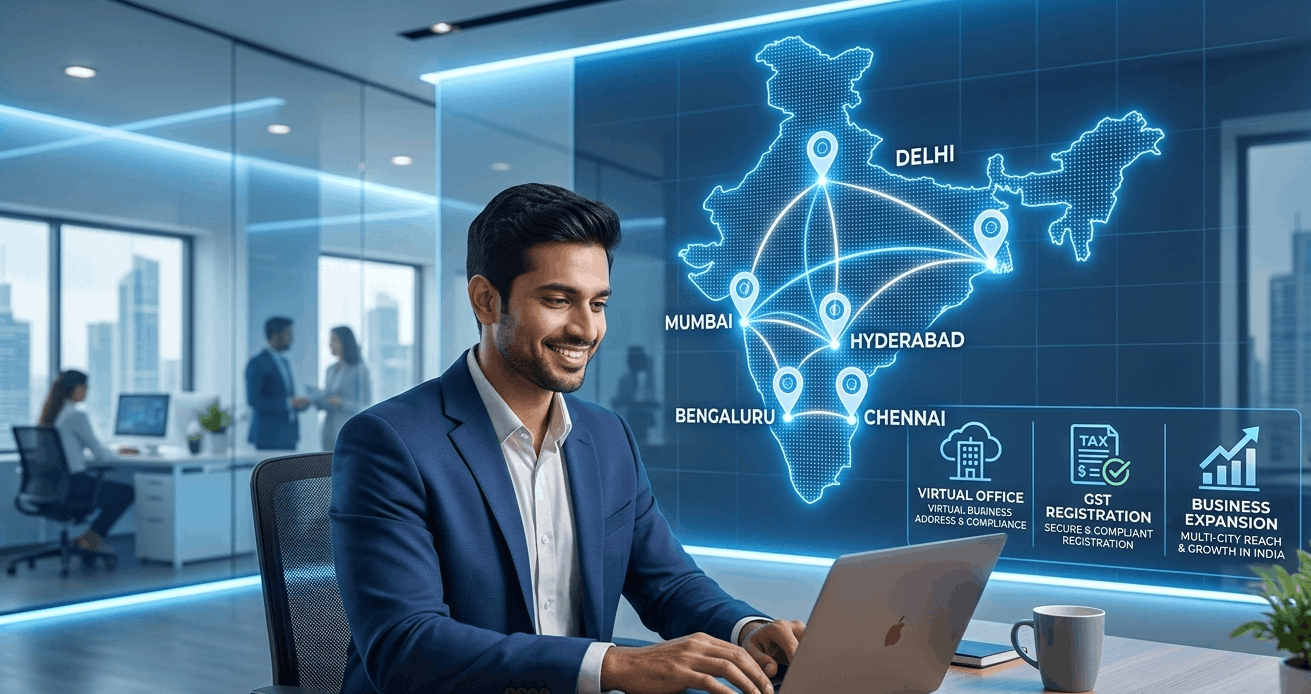 Business professional using a laptop with a digital India map showing multiple city connections for virtual office, GST registration, and multi-city business expansion.