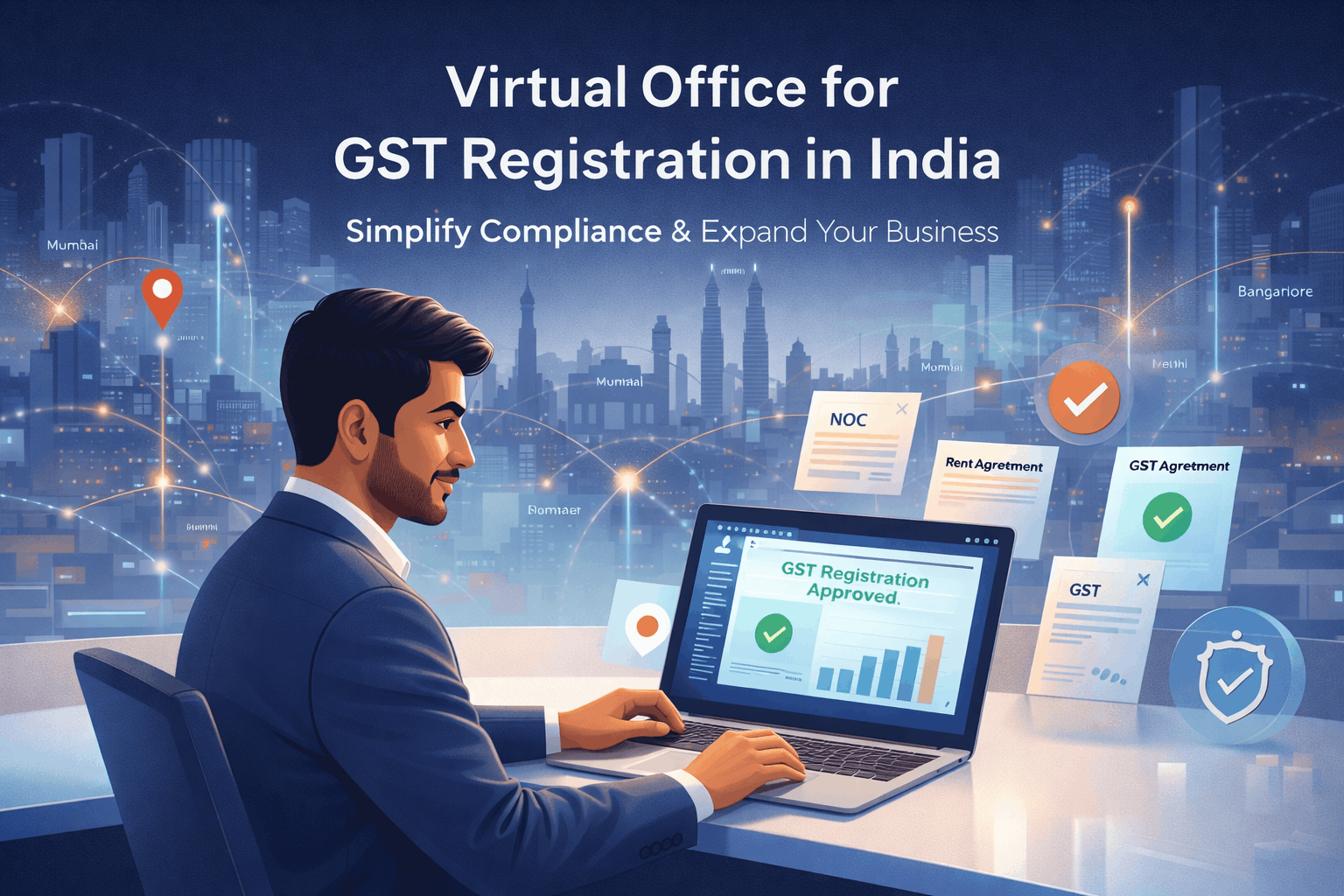 Indian entrepreneur working on a laptop with “GST Registration Approved” on screen, surrounded by digital documents and connected city skylines representing virtual office services in India.