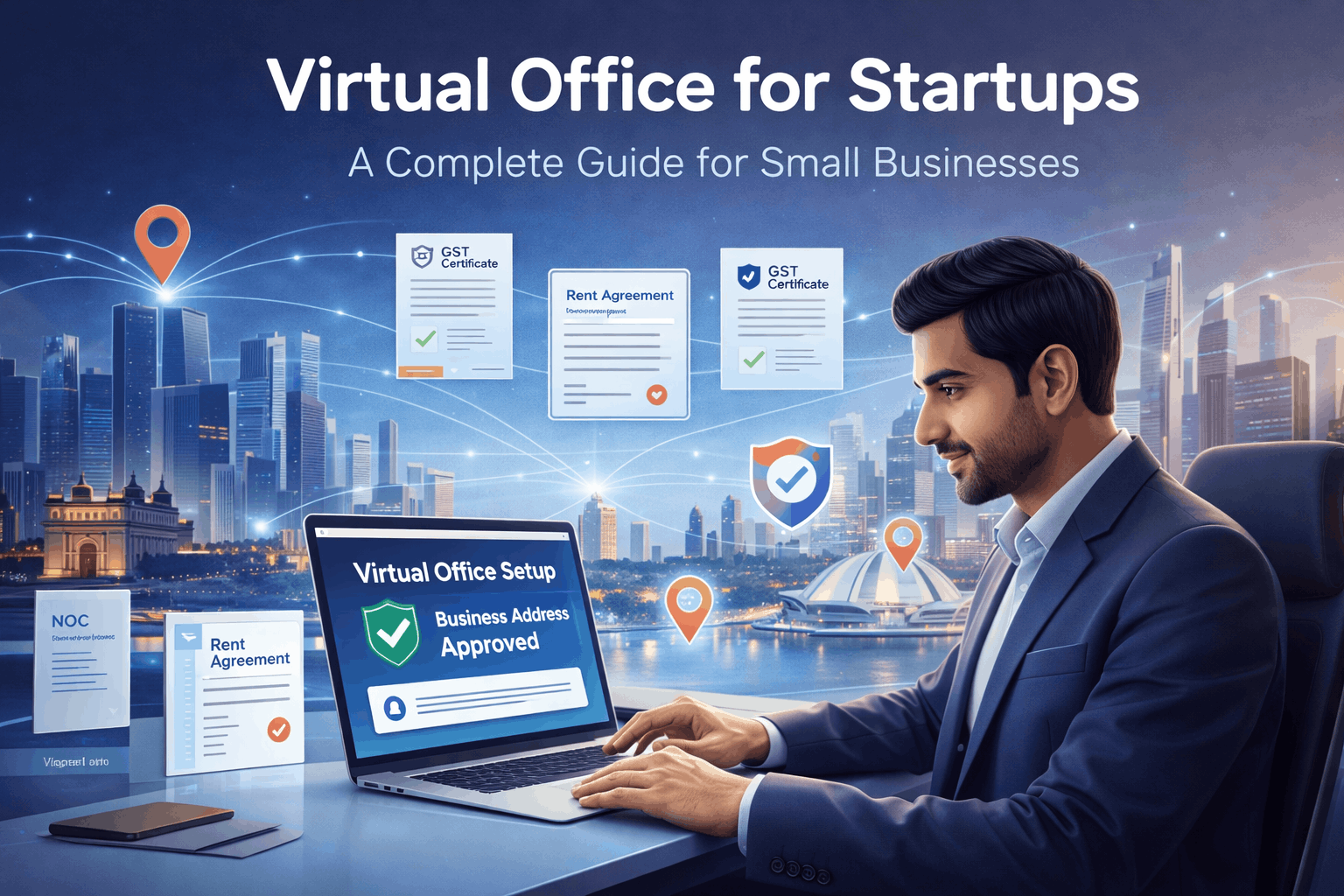 Indian entrepreneur using a laptop showing “Virtual Office Setup – Business Address Approved” with connected city skylines and digital documents for startup growth.