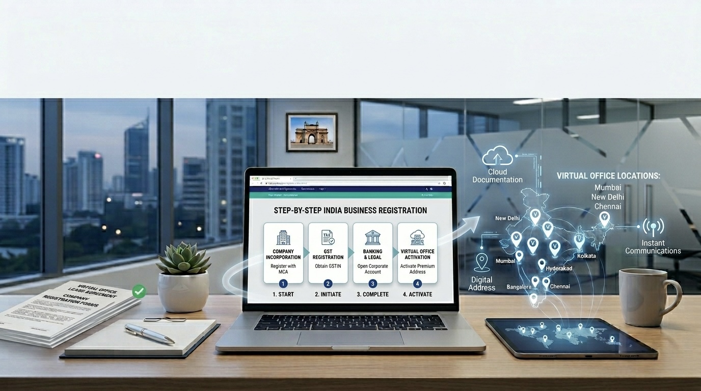 Step-by-step process to start a business in India using a virtual office with GST registration and multiple city locations