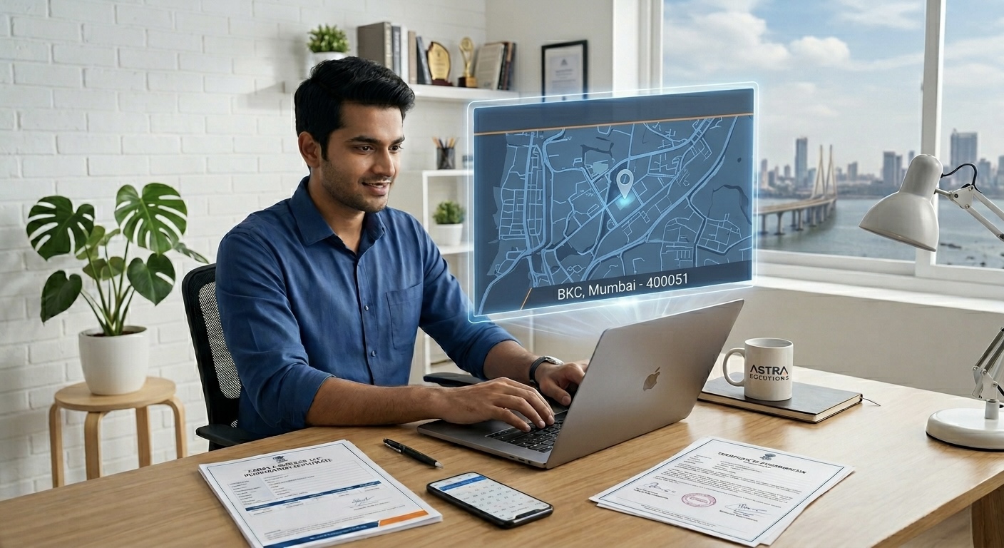 Entrepreneur using virtual office address in Mumbai on laptop for GST registration and business setup in India