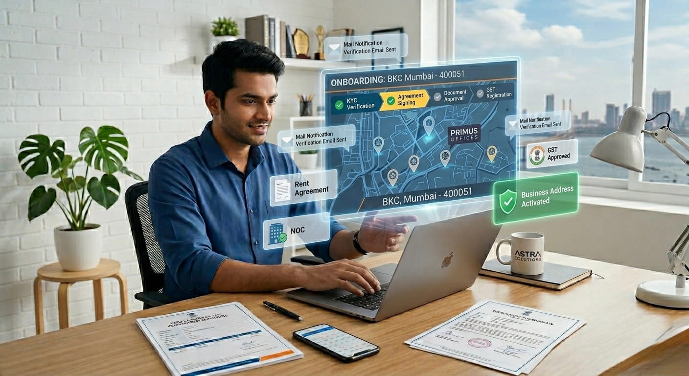 Virtual office onboarding process in India showing KYC verification, rent agreement, NOC and GST registration on laptop