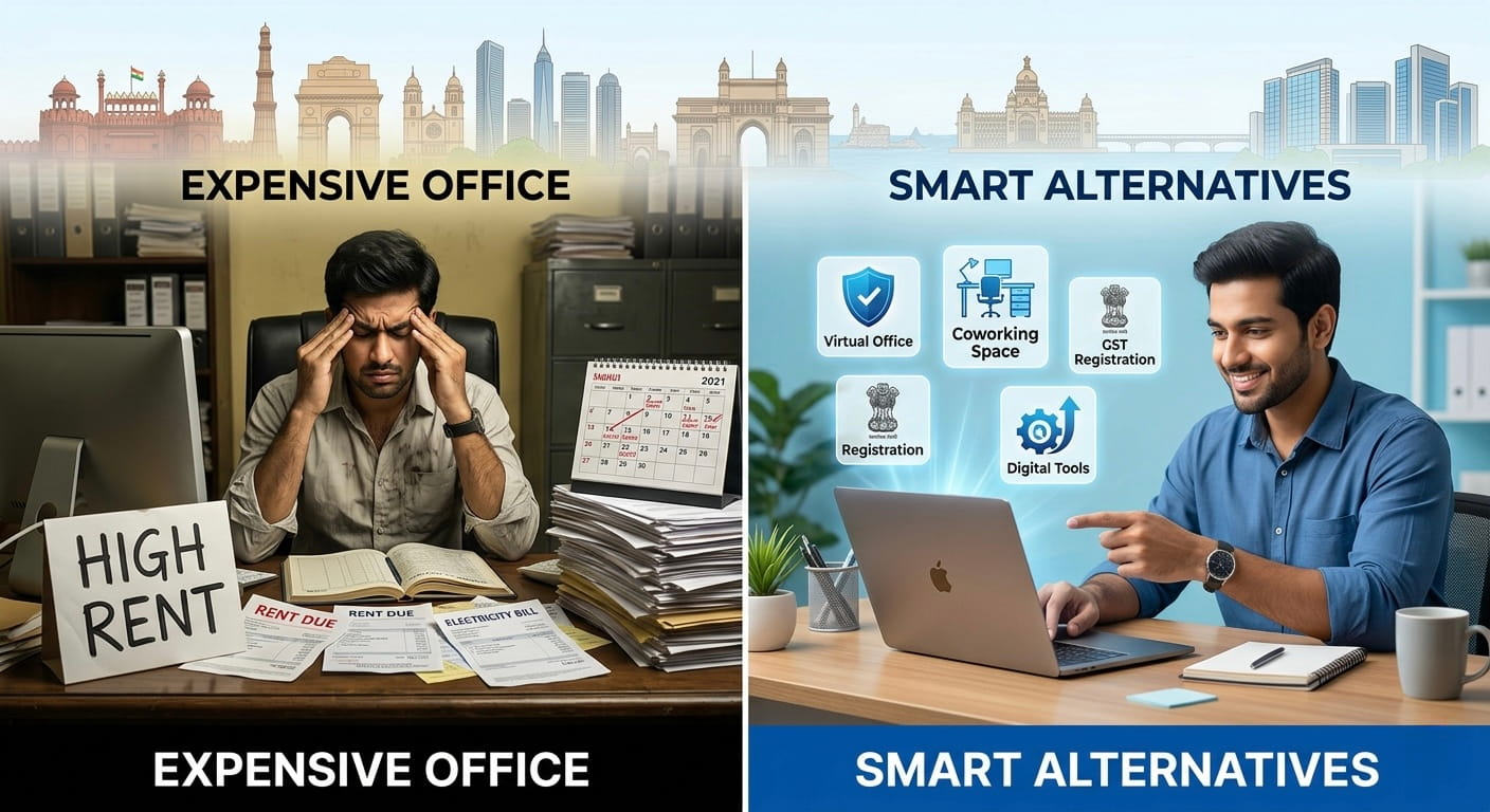 Split image showing a stressed businessman in a cluttered office with “High Rent” bills on one side, and a relaxed man working on a laptop with virtual office and digital tools icons on the other side.