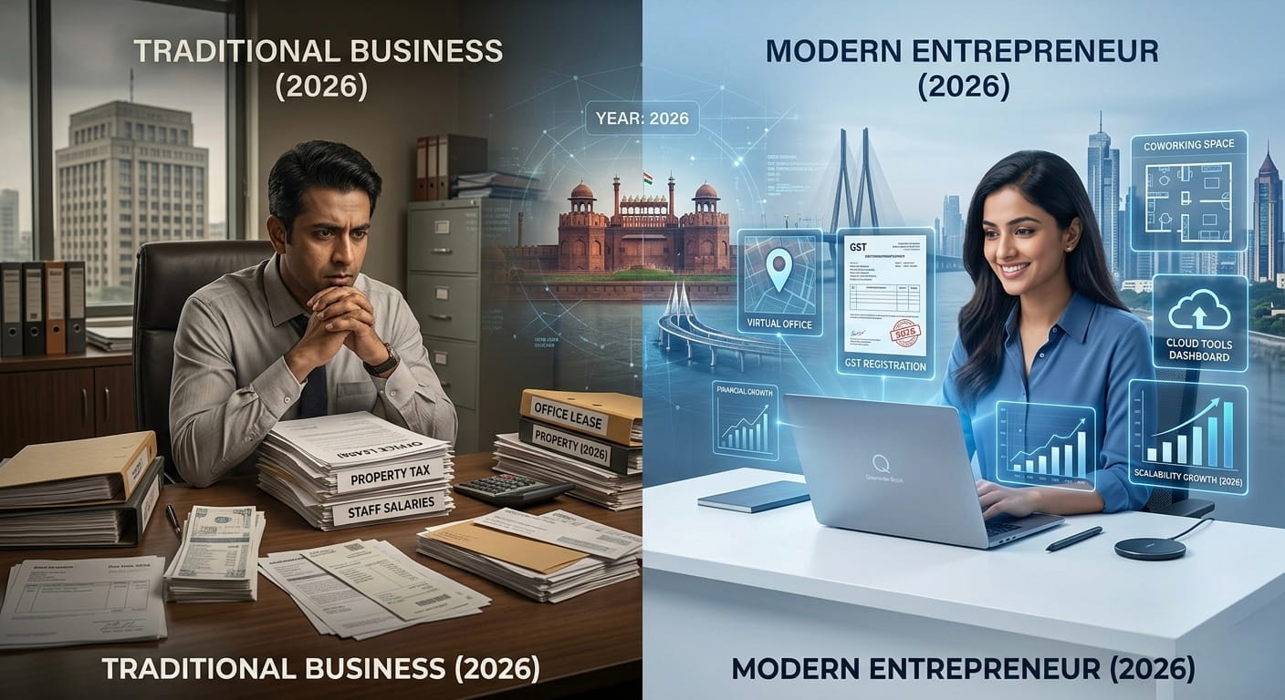 A futuristic split-screen business scene in ultra HD (4K) representing the year 2026. On the left side, show a traditional office setup with a corporate building, stacks of bills, lease documents, and a businessman looking concerned while reviewing expenses. Use slightly dull, warm tones to reflect high costs and financial pressure. On the right side, show a modern entrepreneur working remotely on a laptop in a clean, minimal workspace with glowing holographic icons representing virtual office, GST registration, coworking spaces, cloud tools, and scalability. Add subtle futuristic UI elements and financial growth graphs. In the background, include a skyline of Indian metro cities (Delhi, Mumbai, Bangalore) blending into a digital network. Use bright blue and white tones on the right side to symbolize efficiency and smart investment. Clean, corporate, highly polished, website hero image style.