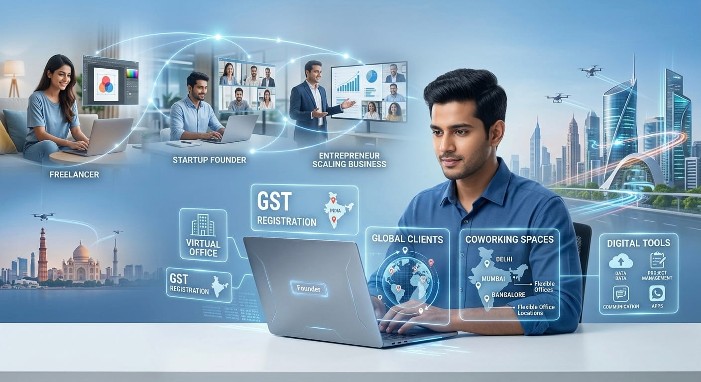 A modern entrepreneur working on a laptop with digital overlays showing virtual office, GST registration, global clients, coworking spaces, and tools, alongside stages from freelancer to founder in 2026.