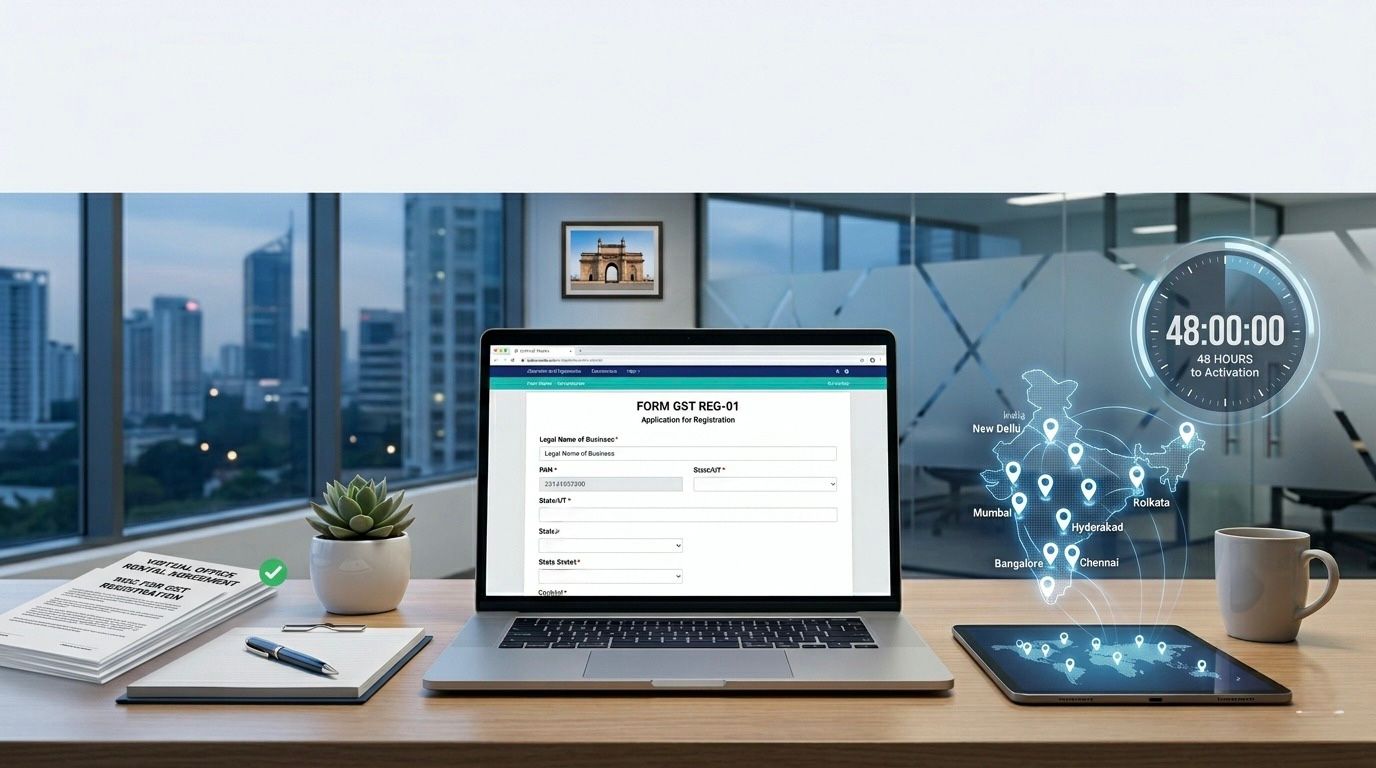 GST-ready virtual office address in India displayed on laptop with 48-hour activation and multiple city locations