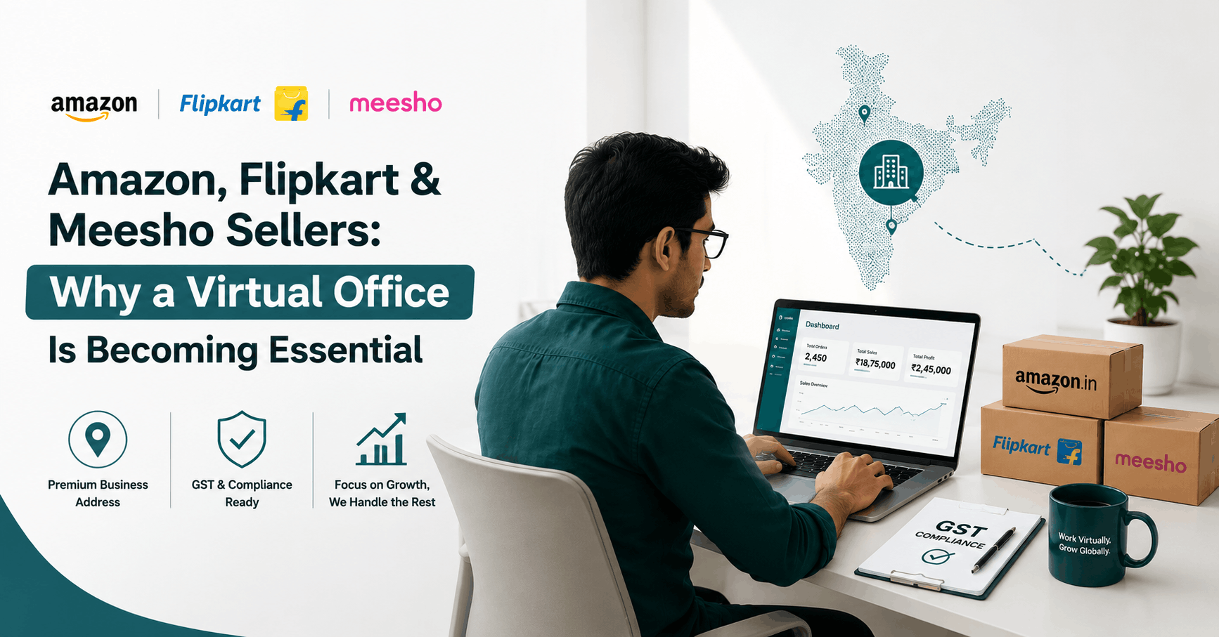 A modern eCommerce entrepreneur working on a laptop in a clean startup workspace with Amazon, Flipkart, and Meesho delivery boxes on the desk. The image highlights virtual office services with GST compliance documents, business growth visuals, and a minimalist India map graphic in a teal green and white color theme.