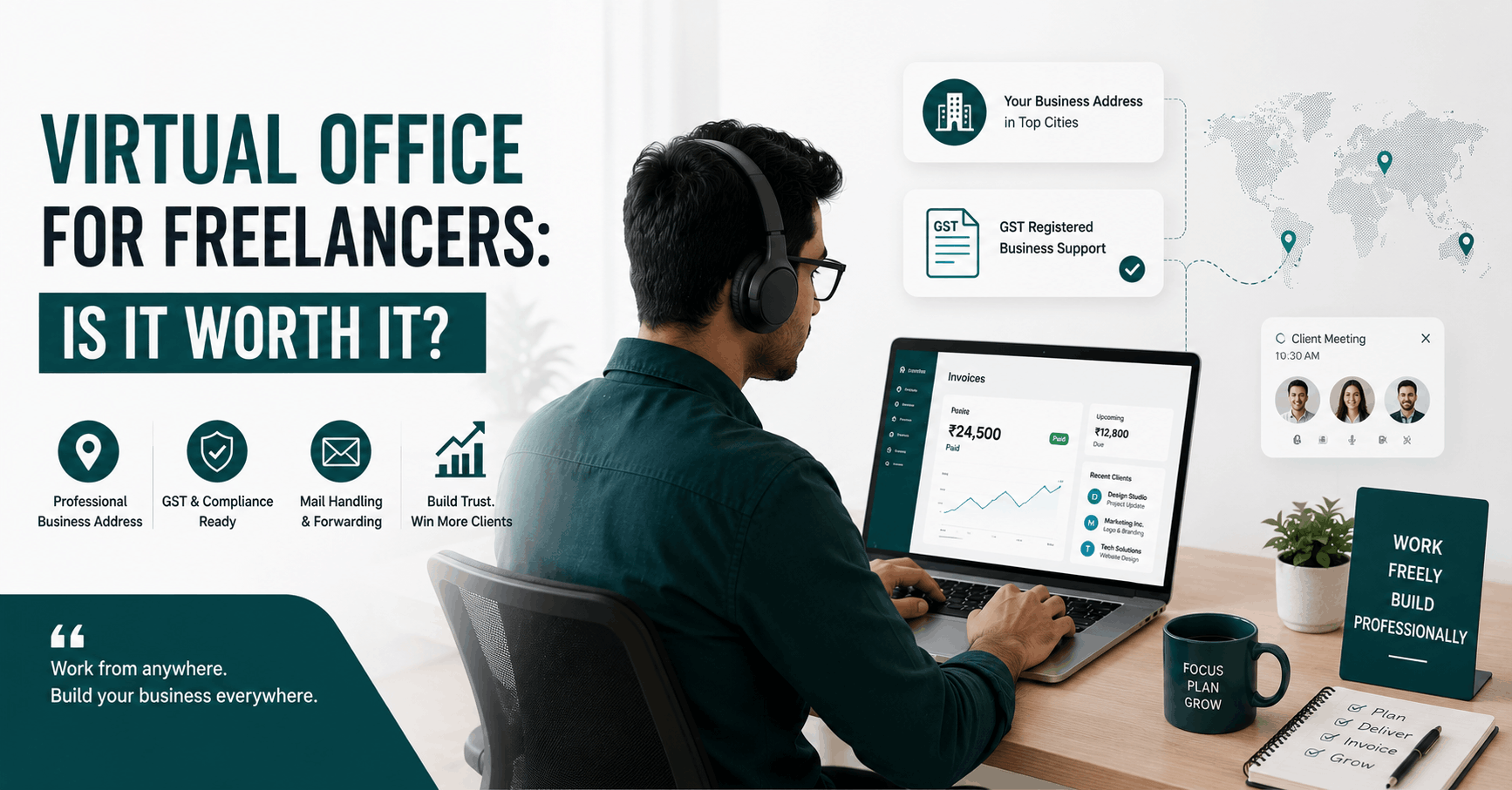 A freelancer working on a laptop in a modern home-office setup with virtual office branding visuals, GST compliance icons, client communication screens, and business growth elements in a clean teal green and white workspace.