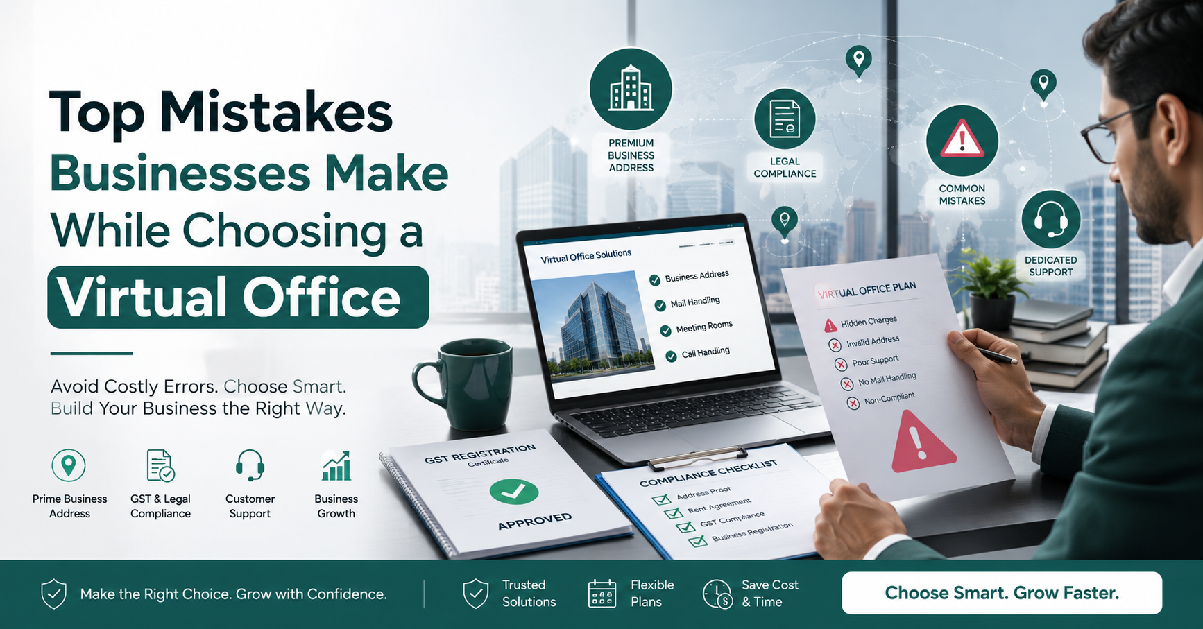 Minimal corporate illustration of a businessman reviewing virtual office documents on a laptop with compliance icons and a modern workspace background.