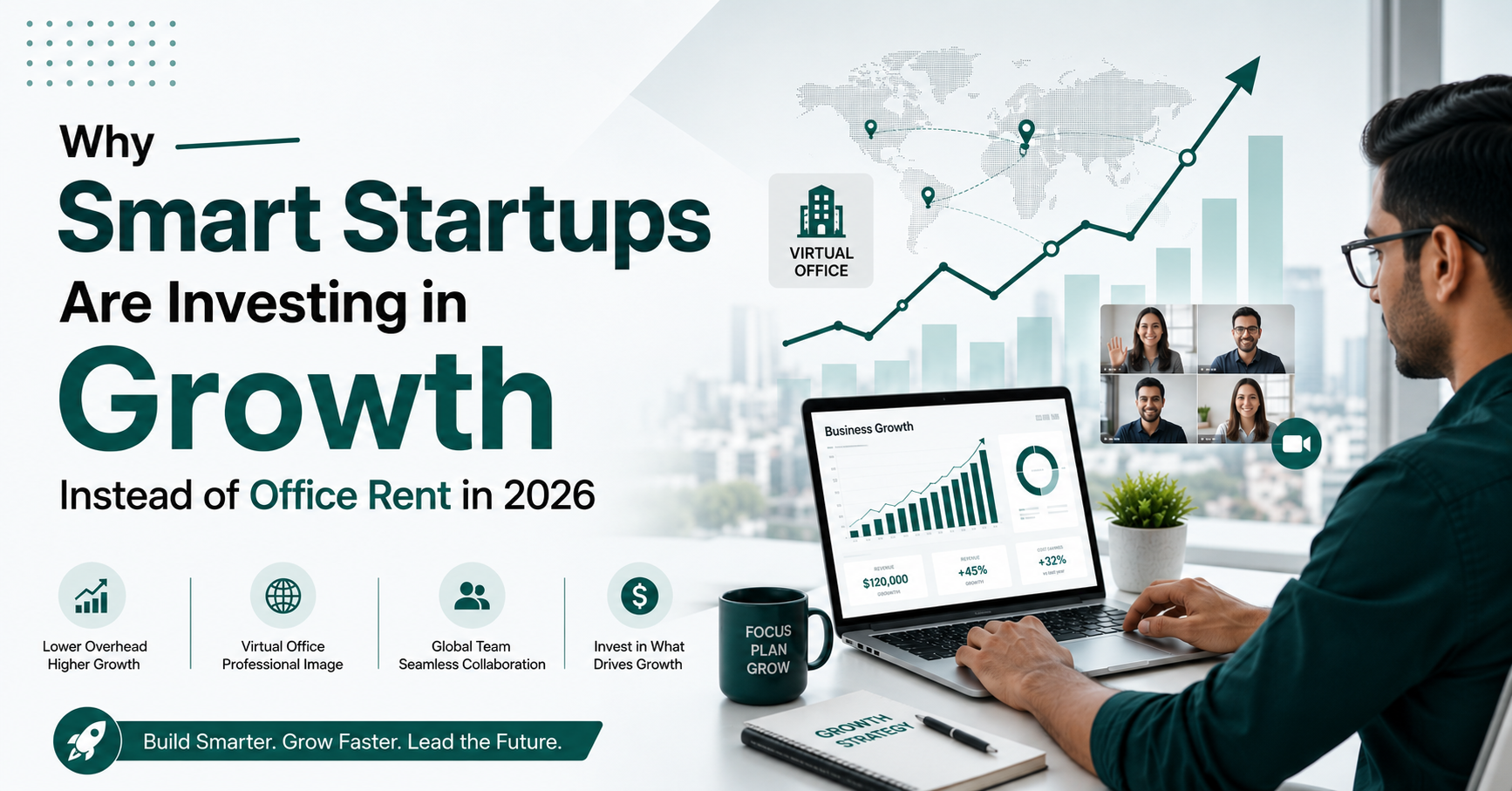 Professional startup entrepreneur working on business growth strategy with financial charts, virtual office collaboration, and deep teal green corporate design for smart startups in 2026.