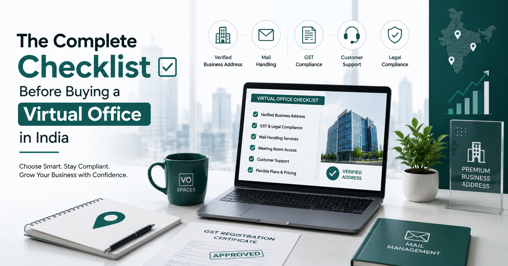 Modern virtual office checklist illustration showing a laptop with verified business address details, GST compliance documents, and professional workspace elements.