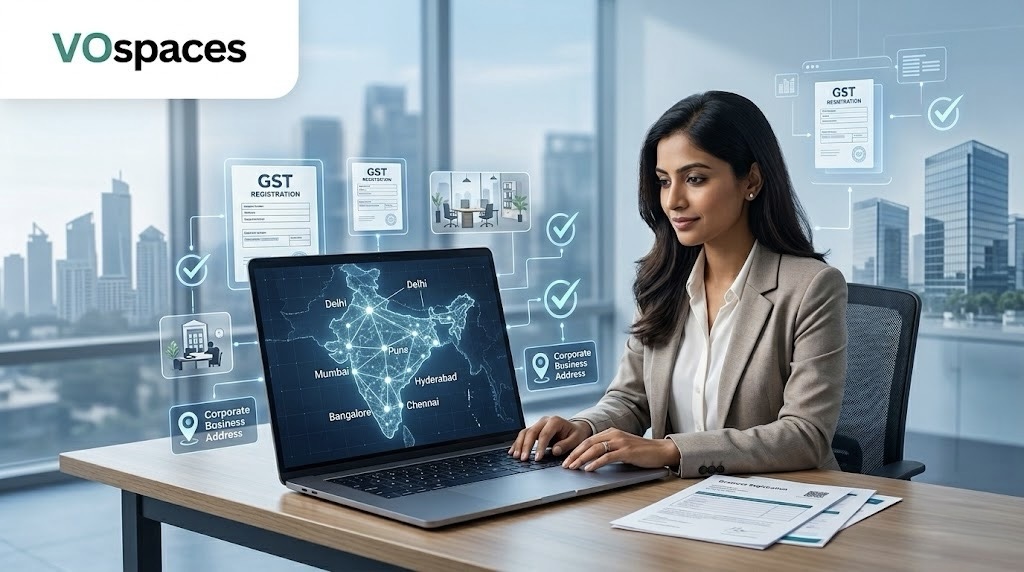 Businesswoman using a laptop with a digital India map and GST registration icons representing multi-state GST registration through virtual offices in India.