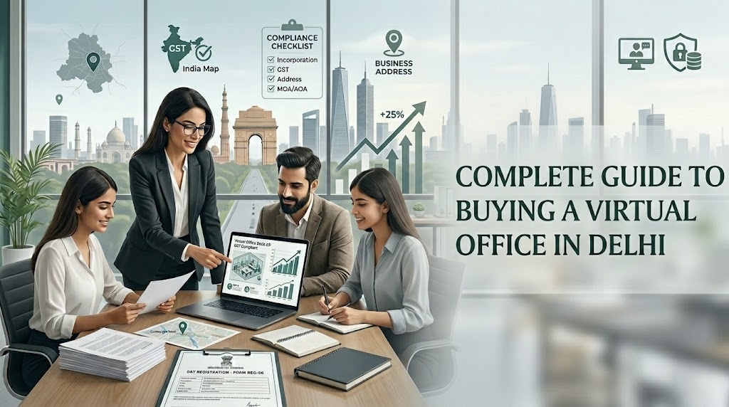 Professional business team discussing virtual office and GST registration strategy in a modern Delhi office workspace with compliance checklist and business growth visuals.