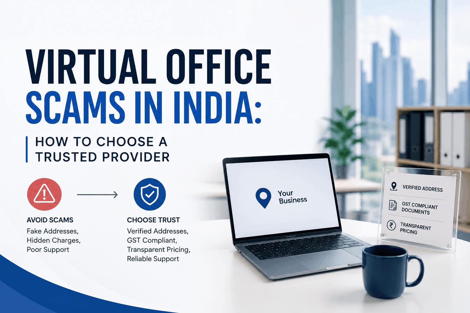 Minimal professional blog featured image about virtual office scams in India showing a modern office desk, laptop, verified business address sign, and trusted provider concept.