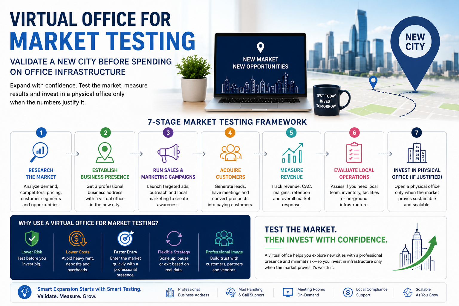 Virtual Office for Market Testing strategy showing business expansion into a new city